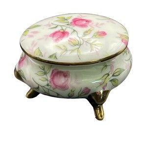 VTG Porcelain Rosebud Roses Pink Green White Gold Gilt Footed Trinket Box